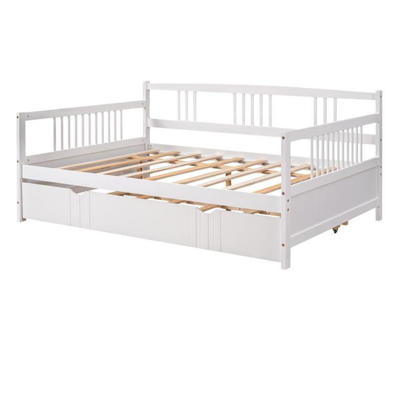Daybed Wood Bed with Trundle, White, Full