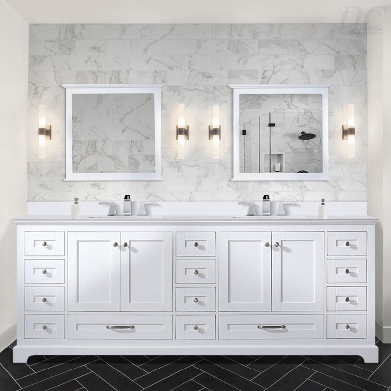 Meuble-lavabo double 84 po X P 22 po D, plateau en marbre de culture et robinet, Blanc, Marbre de culture
