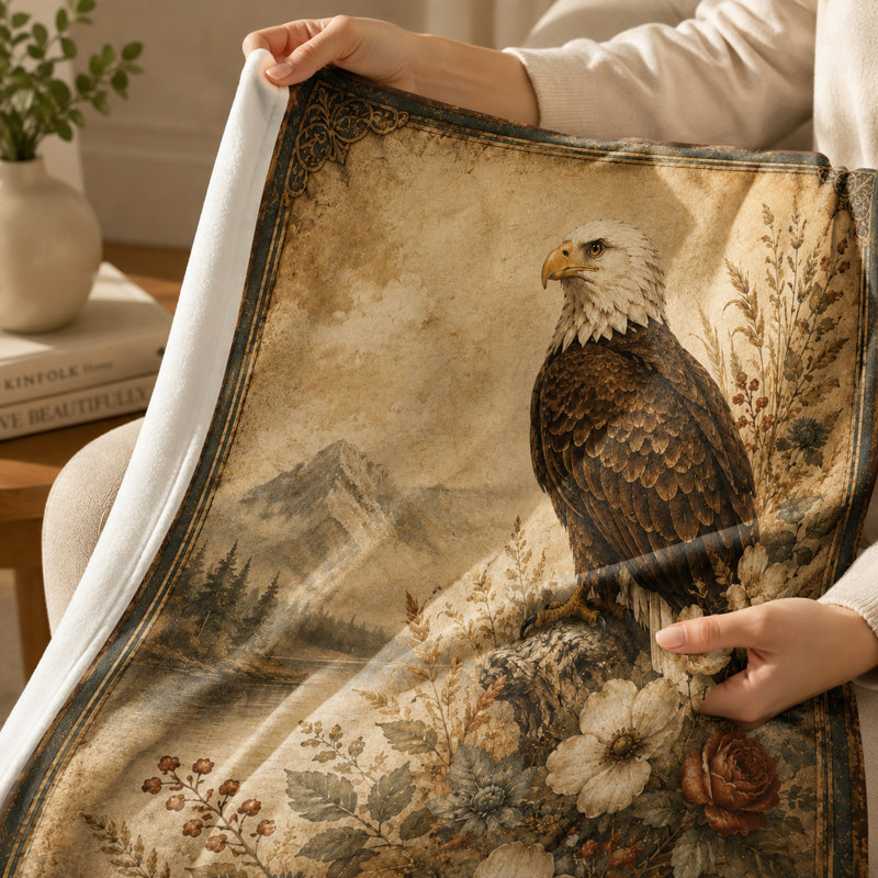 Couverture vintage à motif d'aigle et paysage de montagne fleuri, jeté rustique en flanelle orné d'une illustration animalière, idéal pour canapé, lit ou chalet, 101,6 x 127 cm
