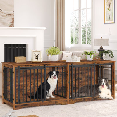 78" Dog Crate Furniture for 2 Dogs, Double Dog Cage with Divider, Wooden Heavy Duty Dogs Kennel, Pet Cage with Barn Door, TV Stand for Large Small Medium Dogs