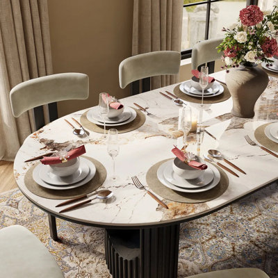 Mid-Century Modern Oval Dining Table For 8, Pandora Scratch-Resistant Glossy Sintered Stone Top & Walnut Fluted Pedestal Base, Easy-To-Clean Kitchen Table, Fluted Dining Table, Japandi Dining Table