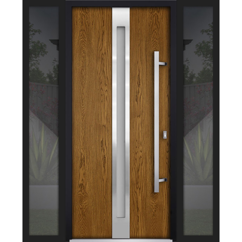 Porte avant en acier pré-suspendue à l'avant / deux en chêne naturel 1744/2 fenêtres extérieures latérales noires / inserts en acier inoxydable simples peints modernes - l 16 + 36 + 16 po x H 80 po - Gauche