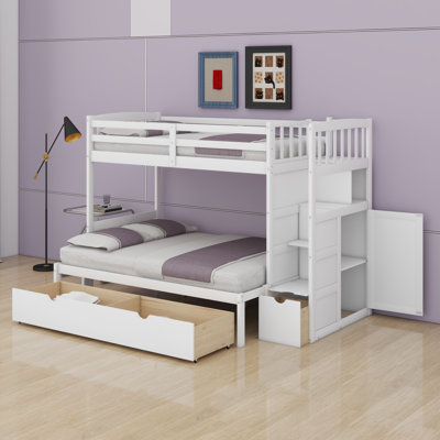 Lit superposé simple au-dessus de simple / double avec escalier, lit inférieur convertible, lit superposé en bois avec tablettes de rangement et tiroirs (nouveau)