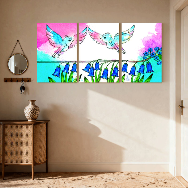 «Birds Birds Flying Over Bluebells Reflection», ensemble de 3 impressions sur toile, H 18 po x l 36 po