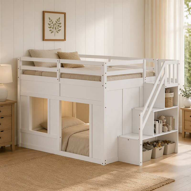 Lit mezzanine double avec escalier de rangement et lumières DEL intégrées, blanc