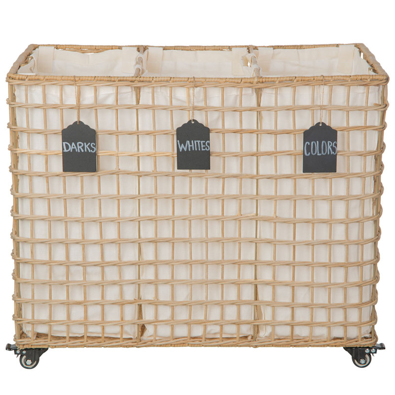 Hand Woven Wicker Rolling Laundry Sorter with Handles, Natural