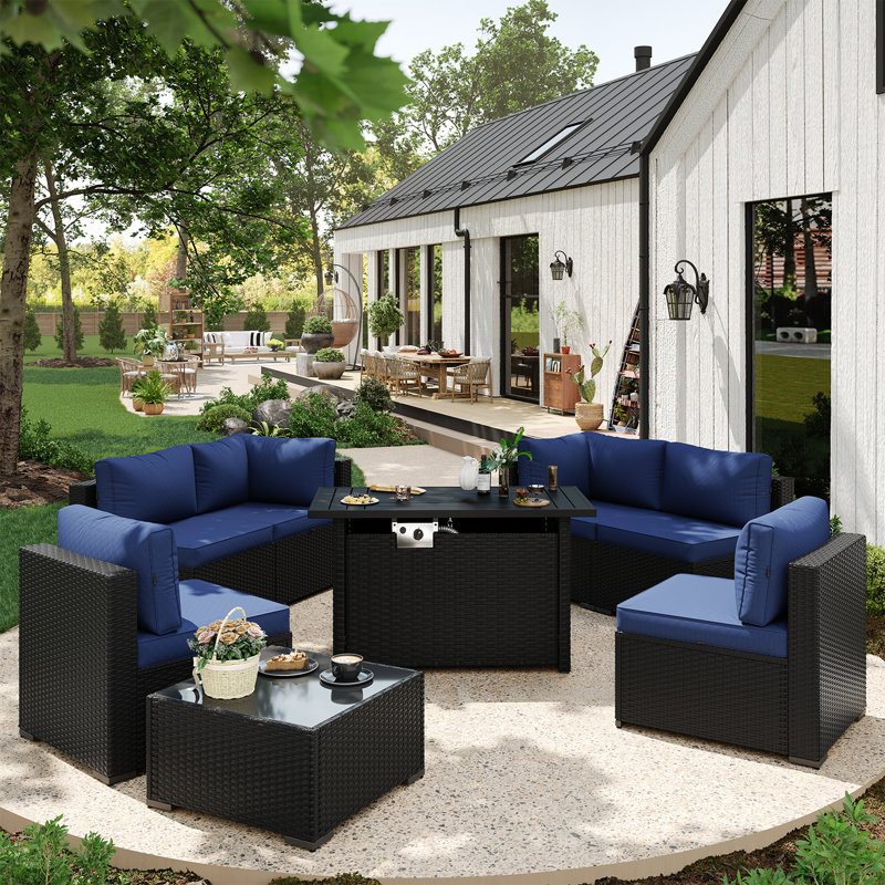 Caradog Wicker 6 - Person Patio Conversation Sets with Cushions, Coffee Table and 44" Fire Pit Table