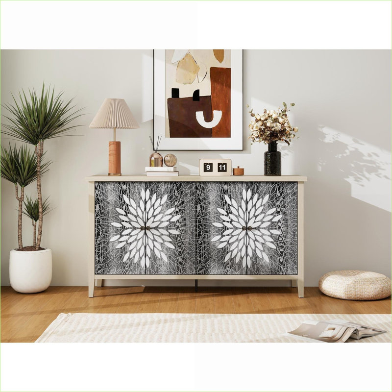 Armoires | Buffet 4 portes avec tablettes réglables pour la salle à manger, la cuisine et le vestibule | Noir | Panneau de particules et panneau de fibres à densité moyenne