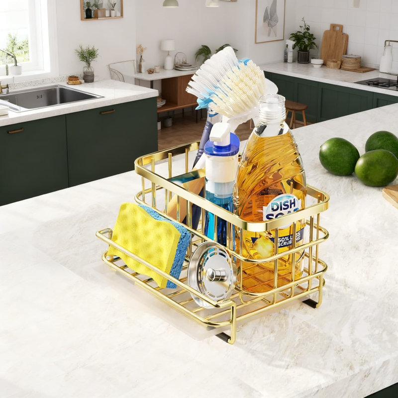 Organisateur multifonctionnel d'évier de cuisine avec plateau de drain amovible, support d'évier en acier inoxydable antirouille pour éponges, brosses et produits de nettoyage