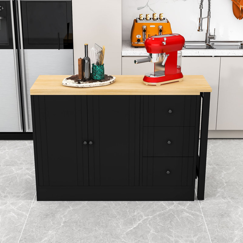 Buffet en bois avec table extensible, armoire de rangement multifonctionnelle avec 2 portes et 3 tiroirs, Naturel noir