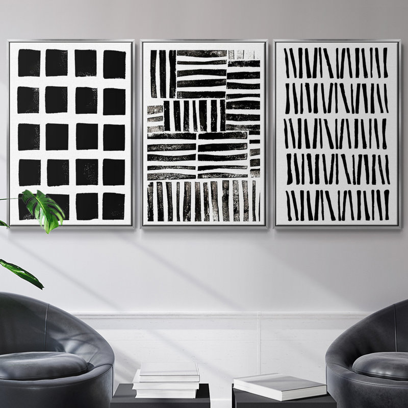 «Square Print», ensemble de 3 reproductions encadrées sur toile, H 36 po x l 72 po, Argent