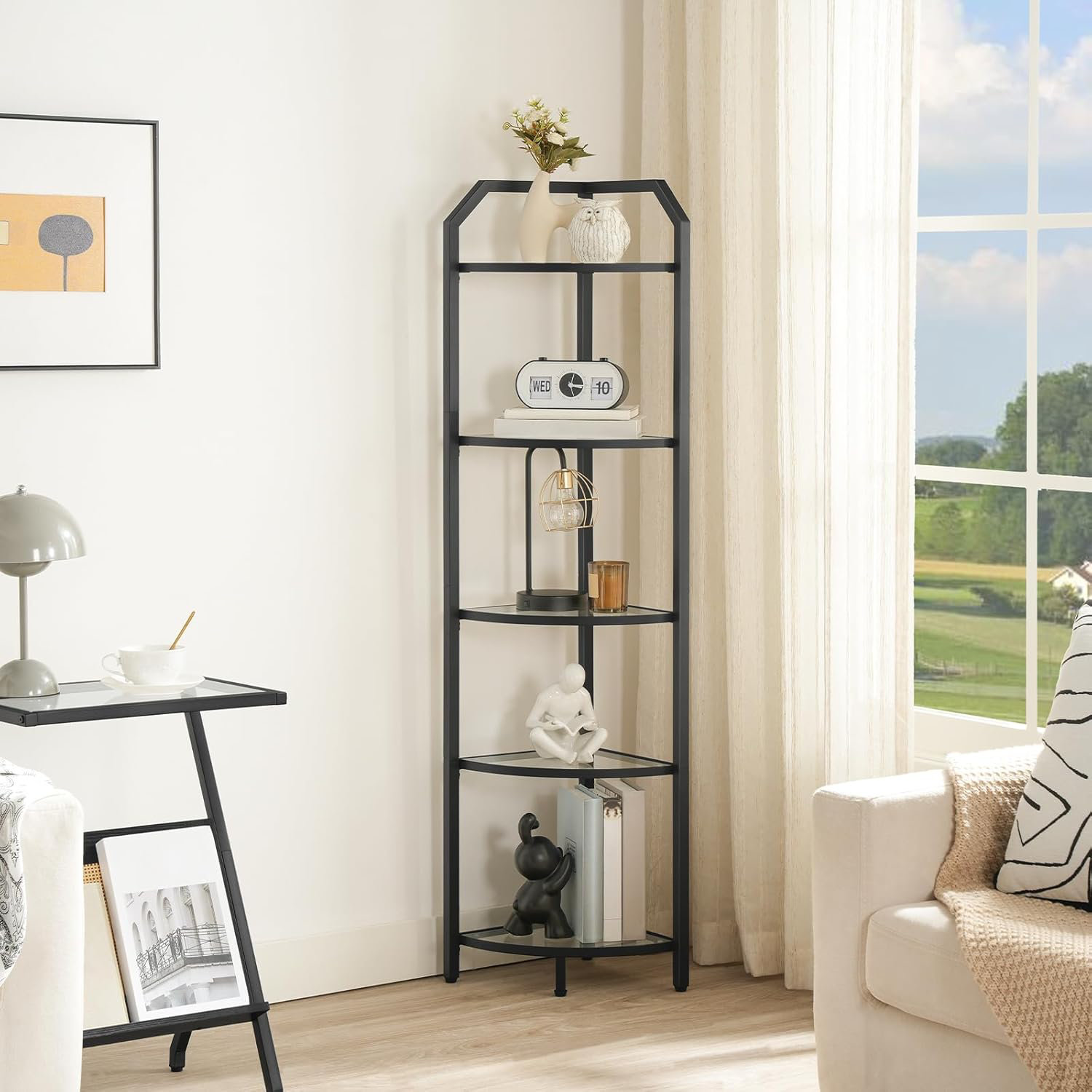 Mercer41 5Tier Corner Shelf Stand, Black Corner Bookshelf, Tempered