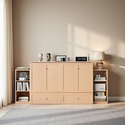 Grand lit escamotable avec tiroirs et tablettes de rangement spacieux, idéal pour les chambres d'amis ou les chambres compactes