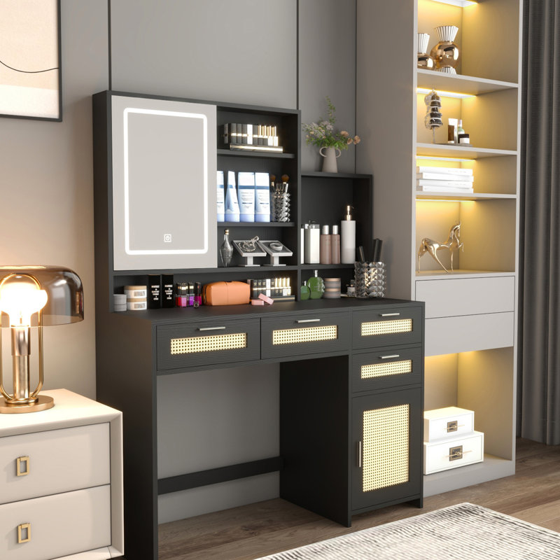 3 Color Led Lights Vanity With Openable Mirror, 4 Drawers, 1 Cabinet & Shelves, Bedroom Dresser, Black Makeup Featuring Mirror Bracket , Drawers Cabinet, Vanity, Construction