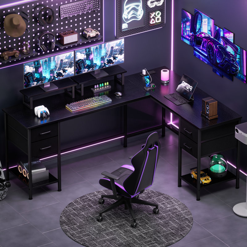 66” L-Shaped Computer Desk with Power Outlet, 29.1" H x 66.1" W x 47.2" D, Black