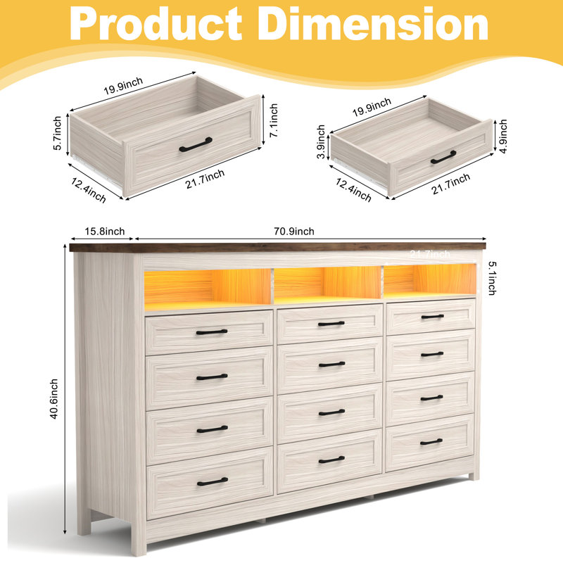 70.87" Farmhouse 12 Drawer Dresser, Long Dresser TV Stand With LED Lights & Charging Station, Chest Of Drawers, Brown/White