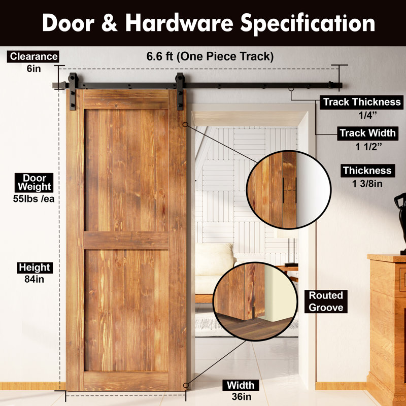 H Design Colour Solid Pine Wood Unassembled Door with Black Rustic Installation Hardware Kit, 36" x 84", Early American