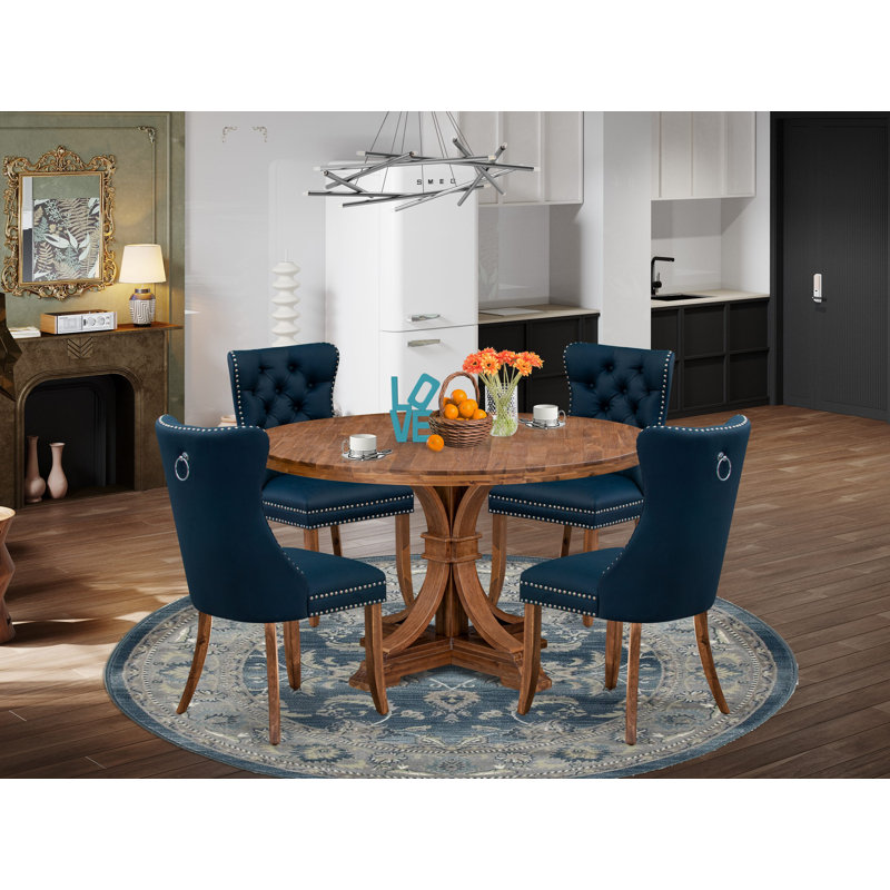 Ensemble de table de cuisine 5 pièces en tissu de polyester, 4 chaises de salle à manger bleu marine, dossiers capitonnés et une table de cuisine ronde de 48 po au fini noyer antique.