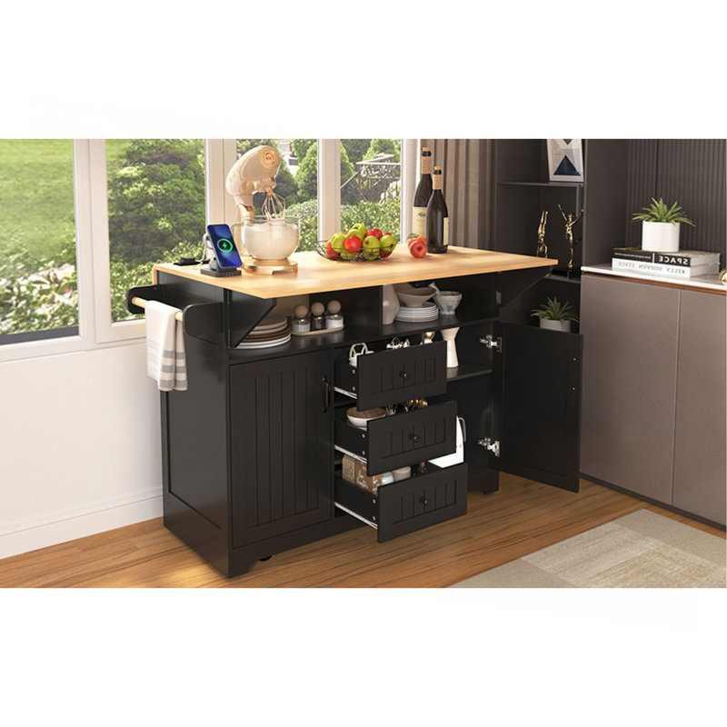 55.7'' Large Kitchen Island With 2 Drop Leaf,, Rolling Kitchen Cart On 5 Wheels With Power Outlet, Folding Storage Dining Table With Spice & Towel Rack , 3 Drawers, For Kitchen, Dining Room