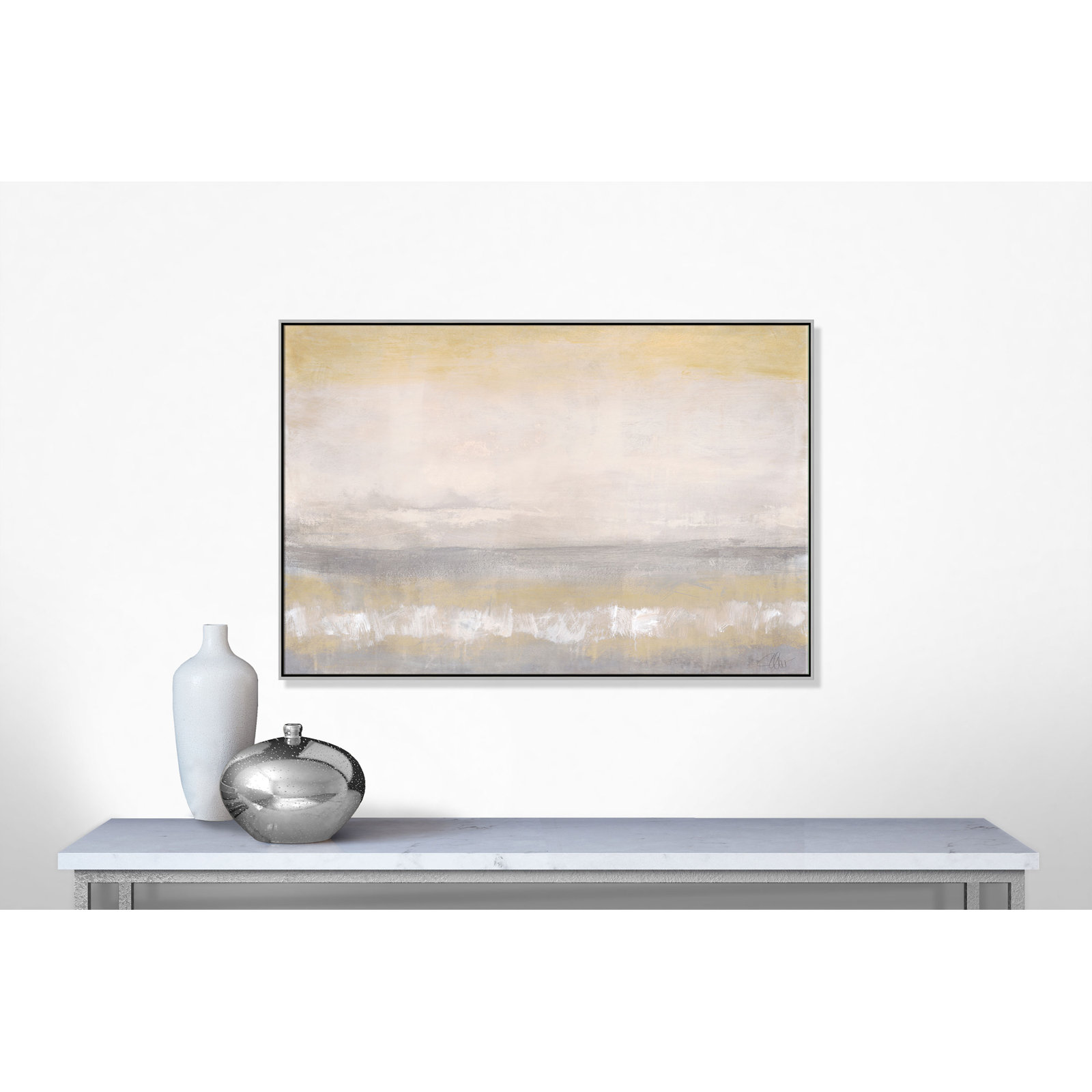 Willadeene "Morning Calm 2" Painting, 41" H x 61" W x 2" D, Silver Framed