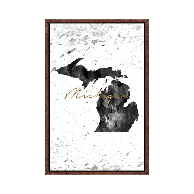 Michigan Black and White Gold 1 Piece Wall Art on Canvas, 101.6cm H x 66.04cm W x 3.81cm D, Classic Brown Wood Framed