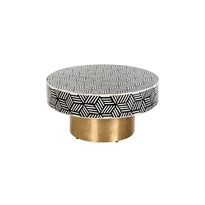 Black and White Geometric Round Coffee Table with Gold Pedestal Base