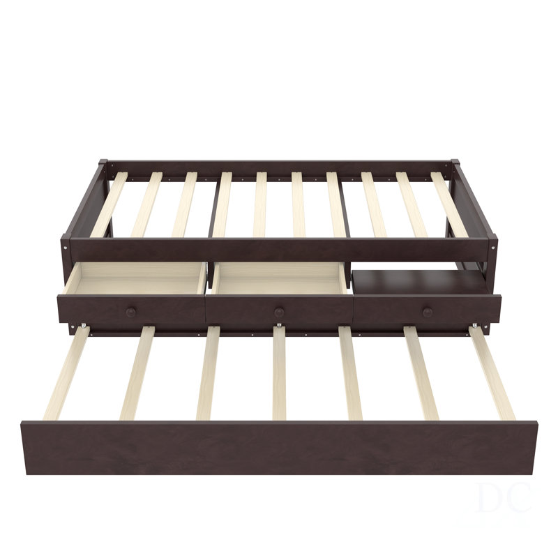 Lit plateforme simple avec lit gigogne et 2 tiroirs, lits en bois massif avec multiprise, Twin, Espresso