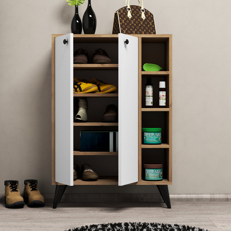 Armoire de rangement pour chaussures 6 paires, Blanc / noyer