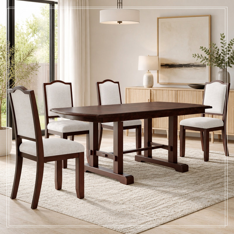 5 pièces en bois extensible avec rallonge amovible et 4 chaises rembourrées, Cerisier