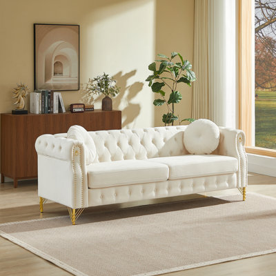 82-Inch Velvet Chesterfield Sofa With 2 Round Pillows, Stud Detailing, Tufted Buttons, Metal Legs & Decor-Hanging Armrest Loops
