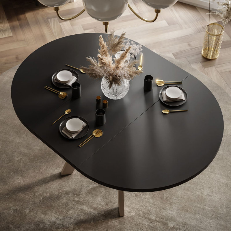 Extendable Round Metal Base Dining Table, Cashmere, Black
