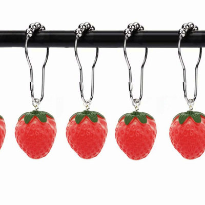 Strawberry Bliss Shower Curtain Hooks - Set of 12 Rust-Proof Stainless Steel Rings with Cute Resin Fruit Decor for Bathroom