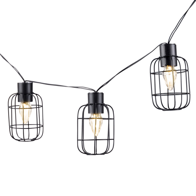 Guirlande de lumières décoratives solaires en métal à 10 lumières - Éclairage extérieur industriel en fil noir de 6 pieds avec ampoules DEL blanc chaud