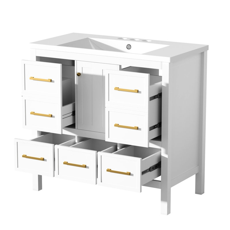 Meuble-lavabo 72 po en bois massif et en résine 36 po, rangement spacieux, portes à fermeture douce, meuble-lavabo blanc avec assemblage facile à fermer
