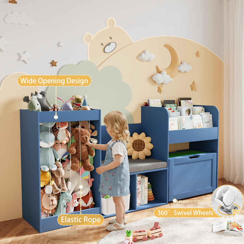 31.5''H Kids Bookcase, Toy Storage Organizer With Stuffed Animal Storage, Bench And Removable Cushions, Wooden Toddler Bookshelf With Movable Building Block Drawers, Blue