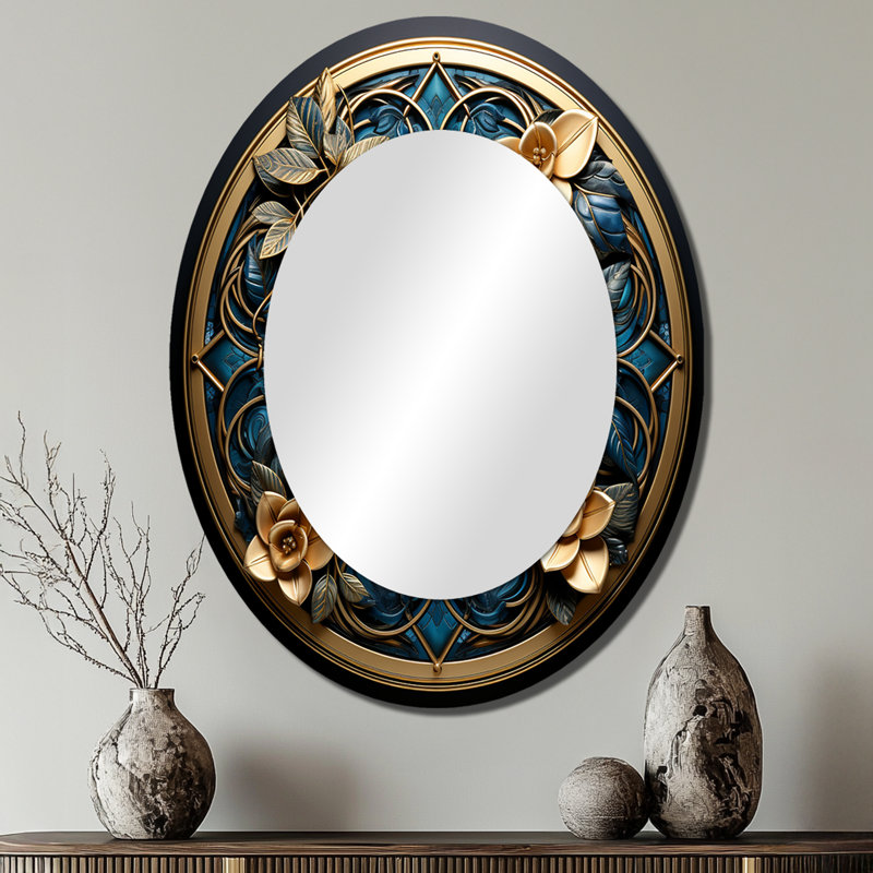 Sceau d'or et de fleurs bleu sarcelle - Miroir mural moderne ovale, 40 po x 30 po