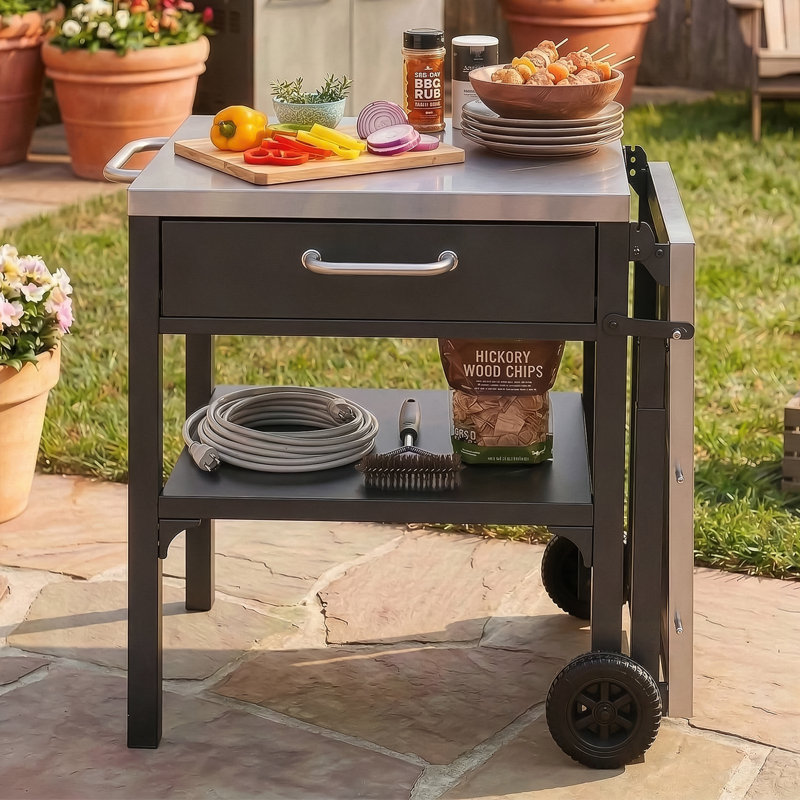 Chariot de cuisine d'extérieur avec plateau pliable et espace de rangement, Noir