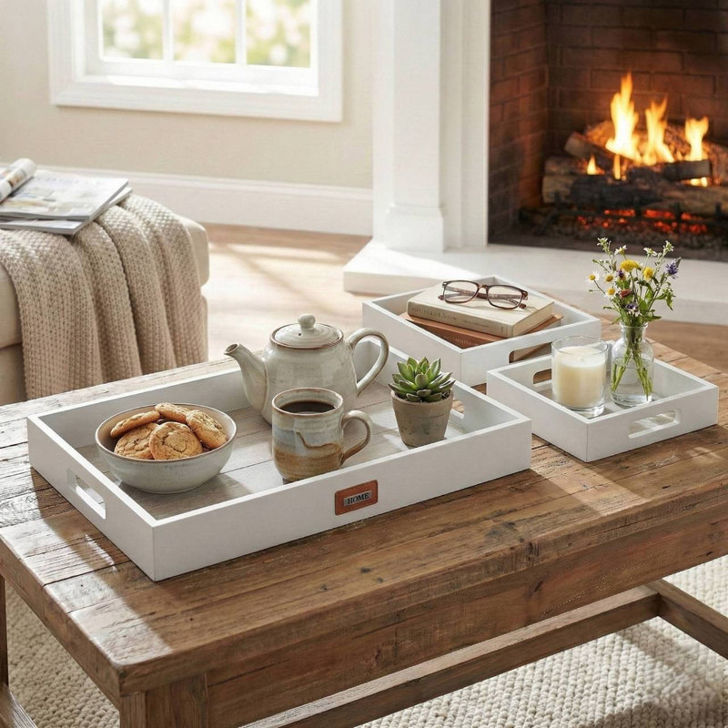 Wood Tray - Set of 3, White