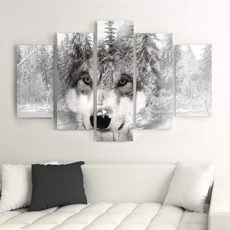 A Gray Wolf In The Forest - 5 Piece No Frame Set on Canvas, 100cm H x 150cm W