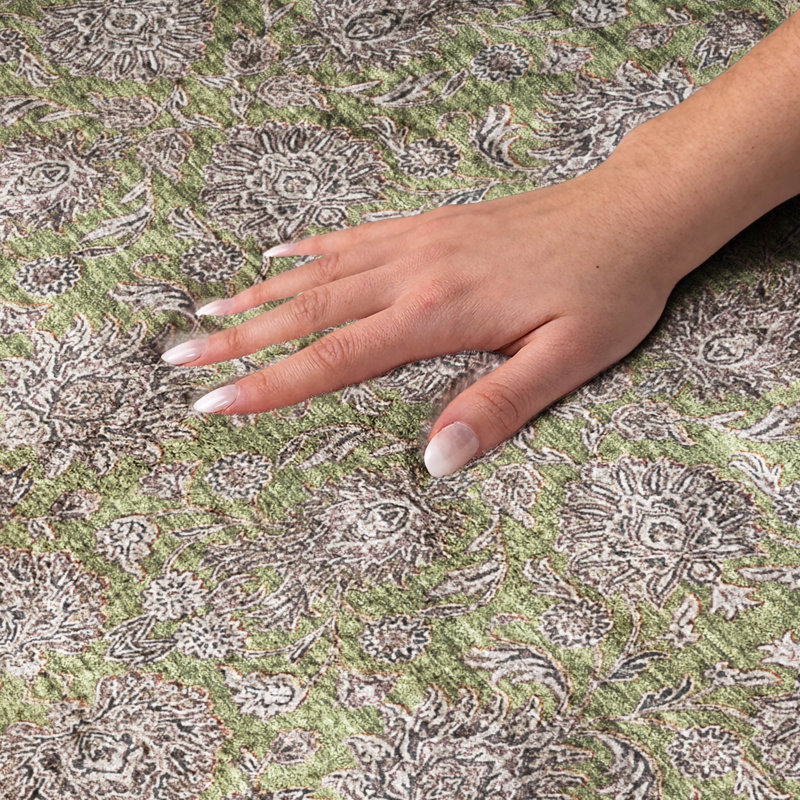 Tapis floral à poils longs de qualité supérieure lavable à la machine ADS702, Olive, Tapis de couloir 2 pi 3 po x 7 pi 6 po