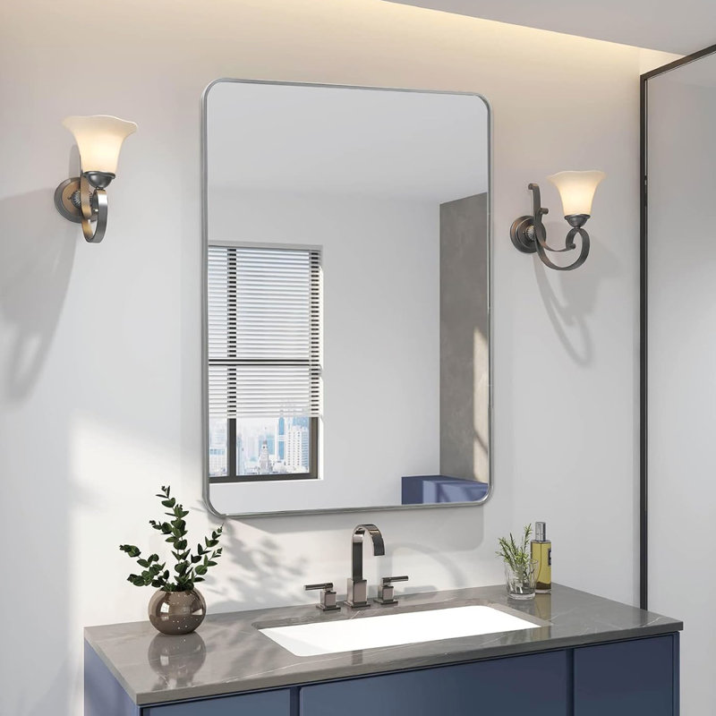 Miroir mural rectangulaire argenté, incassable, facile à installer, pour salle de bain, Silver, 36.3" x 23.37"