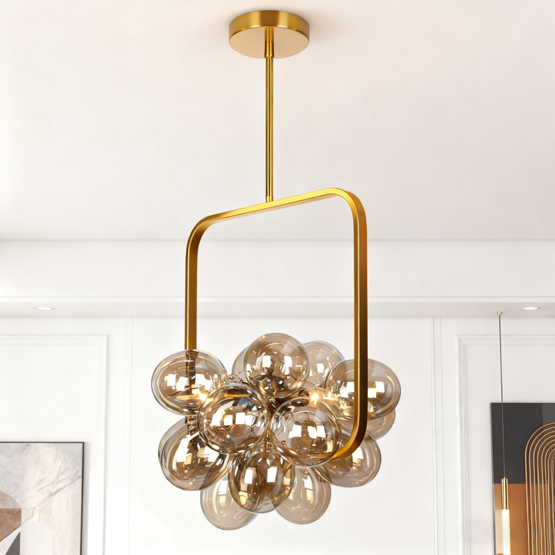 Modern Dimmable Glass Bubble Sphere Chandelier, Dia 15", Gold, Tan