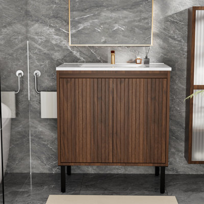 30 Inch Bathroom Vanity With Sink,  Floor - Standing Structure For Stability, Soft - Closing Drawers For Noiseless Operation, Sleek Oak Finish For Modern Aesthetic(Sink)