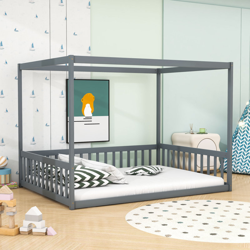 Wooden Canopy Floor Bed With Fence, Gray, Full