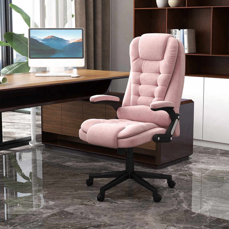 Fauteuil de bureau à 6 points de massage vibrant avec chaleur et dossier haut inclinable en velours avec dossier inclinable, accoudoirs rembourrés et télécommande, rose