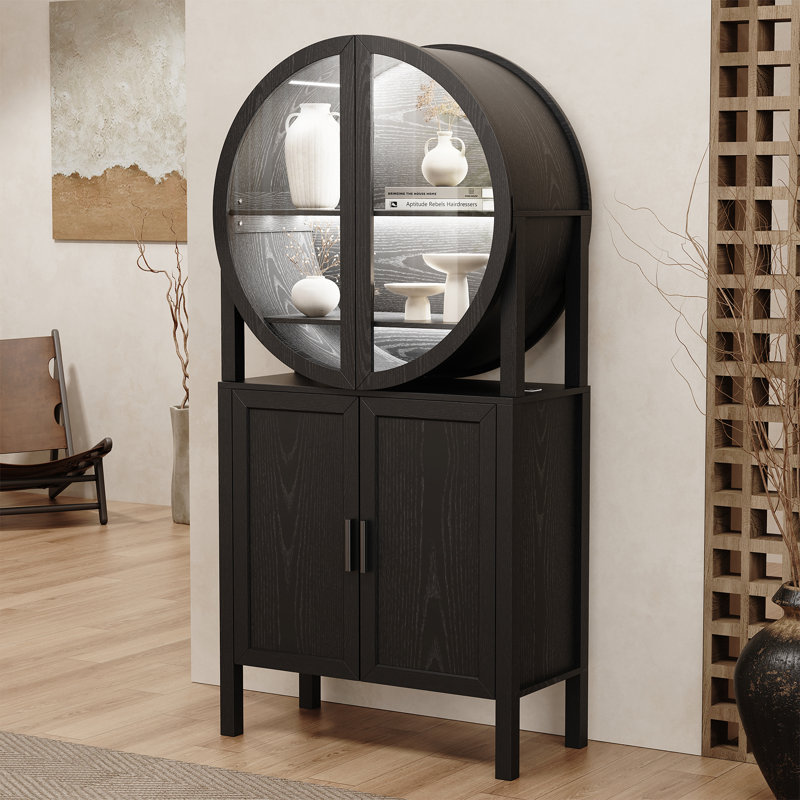  Rounded Wine Bar Cabinet With Led Lights, 65" Tall Storage Cabinet With Glass Doors & Shelves, Modern Liquor Coffee Bar Cabinet With Human Body Sensor For Kitchen, Living Room, Black