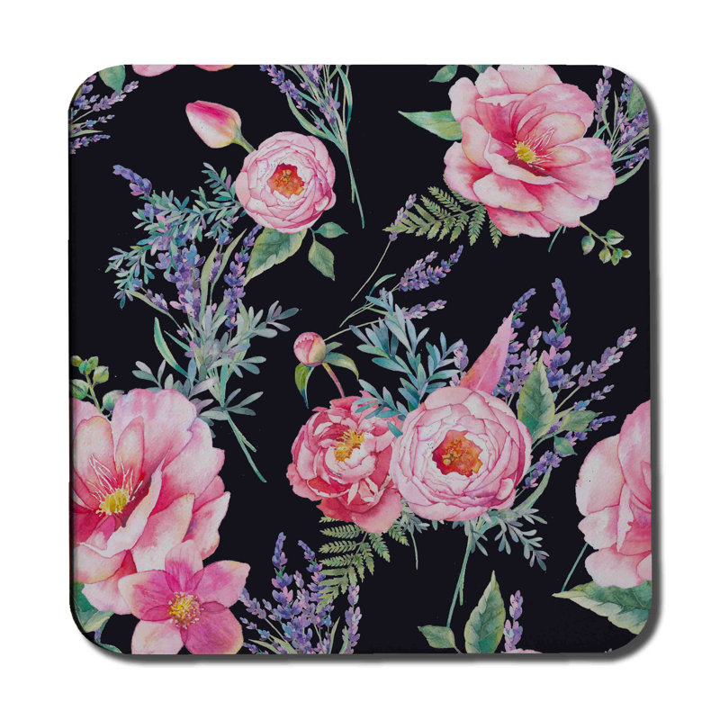Square 6 Piece Coaster Set, Pink/Black Flower