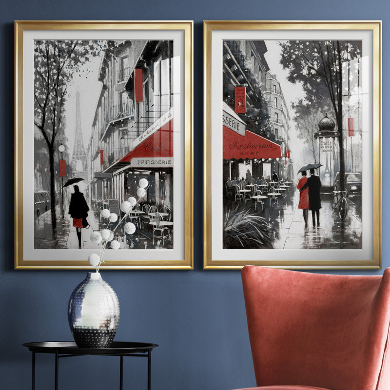 «Rainy Paris I», ensemble de 2 reproductions d'art, H 26,5 po x l 73 po x P 1,5 po, Papier encadré doré, Blanc