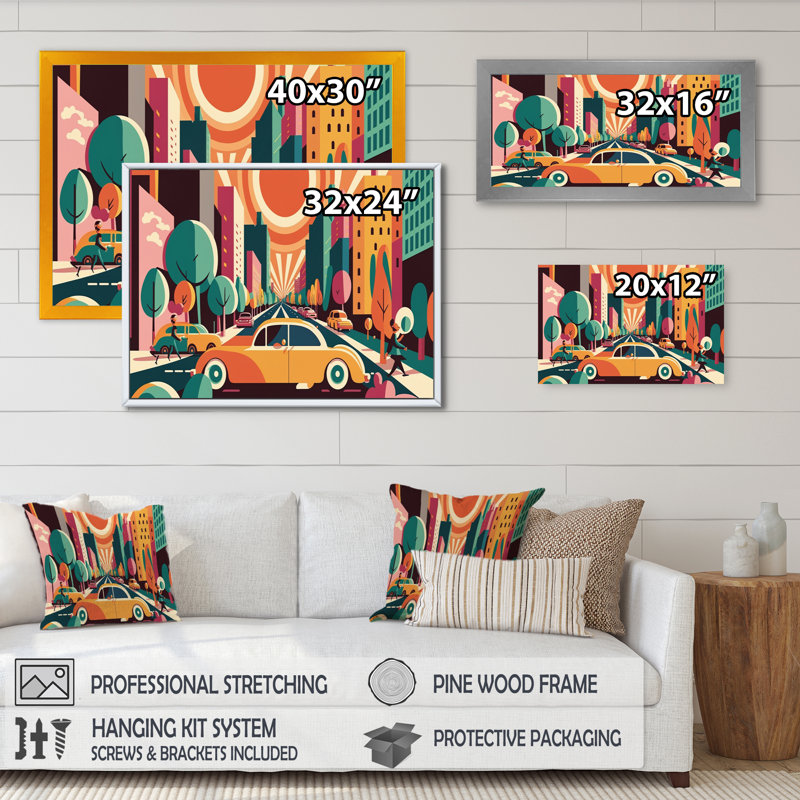 «Colorful Cityscape Cars I», reproduction sur toile, H 24 po x l 32 po x P 1 po, Toile avec cadre flottant noir