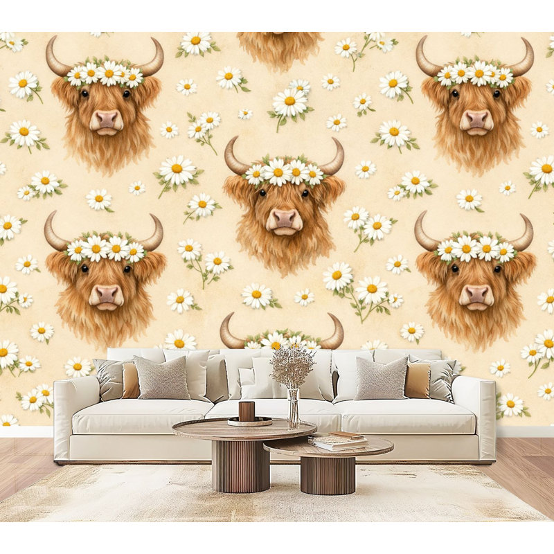 Papier peint auto-adhésif Highland Cow, L 96 po x l 69 po
